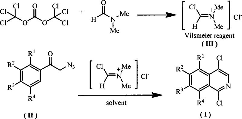 General reaction equation showing conversion of alpha-azidomethyl aryl ketone to 1,4-dichloroisoquinoline