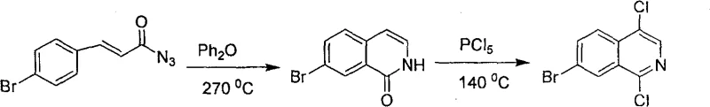 Conventional synthesis route showing high temperature cyclization and PCl5 chlorination