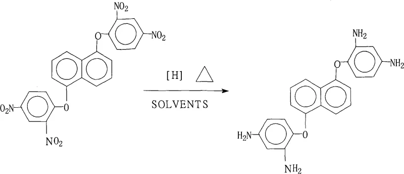 Chemical reaction scheme showing the reduction of 1,5-bis(2,4-dinitrophenoxy)naphthalene to 1,5-bis(2,4-diaminophenoxy)naphthalene using hydrazine and Pd/C catalyst