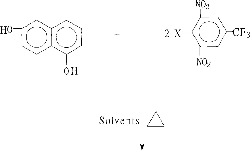 Reaction scheme showing the nucleophilic substitution of 1,6-dihydroxynaphthalene with 2,6-dinitro-4-trifluoromethyl halobenzene to form the target ether
