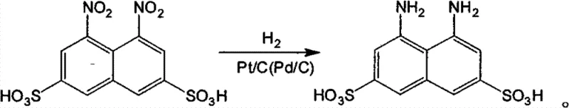 Reaction scheme showing catalytic hydrogenation of 1,8-dinitro-3,6-naphthalene disulfonic acid to 1,8-diamino-3,6-naphthalene disulfonic acid using H2 and Pt/C or Pd/C