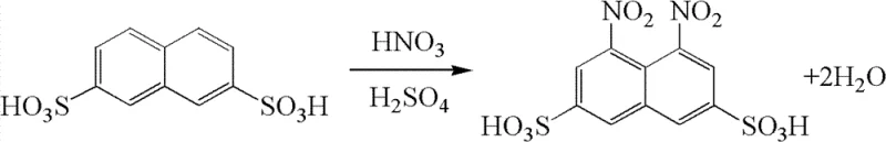Reaction scheme showing the nitration of 2,7-naphthalenedisulfonic acid to 1,8-dinitro-3,6-naphthalenedisulfonic acid