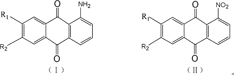 Chemical structures showing the conversion of 1-nitroanthraquinone (II) to 1-aminoanthraquinone (I) via catalytic hydrogenation