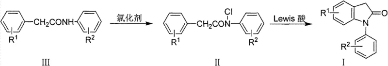 General reaction scheme showing the conversion of N-aryl-substituted phenylacetamide to 1-aryl-2-indolinone via N-chloro intermediate