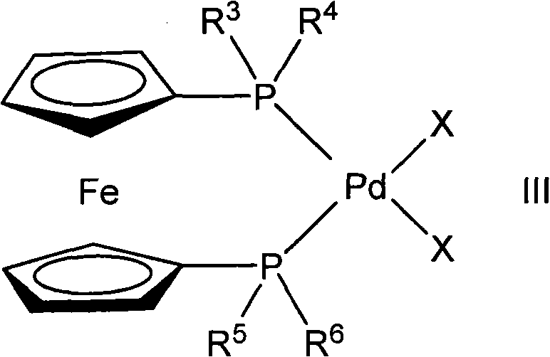 Structure of the bis-phosphino-ferrocene palladium(II) catalyst complex used for high selectivity
