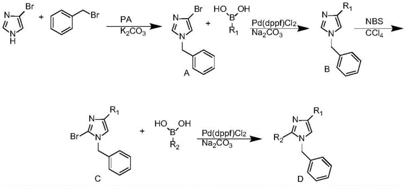 General synthetic route for 1-benzyl-2,4-diarylimidazoles showing N-alkylation, Suzuki coupling, bromination, and final coupling steps