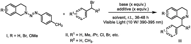 General reaction scheme showing visible-light induced alpha-allylation of azo-protected tetrahydroisoquinoline