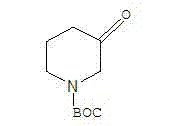 Chemical structure of 1-BOC-3-piperidone showing the piperidine ring with a ketone group and BOC protection