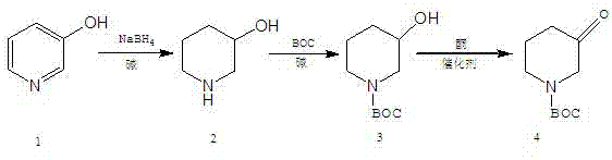 Complete reaction scheme showing the conversion of 3-hydroxypyridine to 1-BOC-3-piperidone via reduction, protection, and oxidation