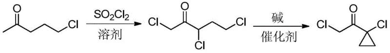 Reaction scheme showing the one-pot conversion of 5-chloro-2-pentanone to 1-chloro-1-chloroacetyl-cyclopropane via chlorination and cyclization
