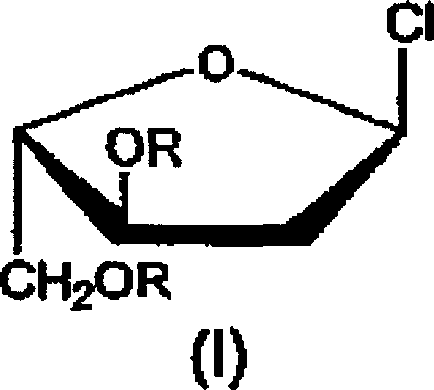 General Formula I of 1-chloro-3,5-di-O-acyl-2-deoxy-L-ribofuranoside derivatives showing the core furanoside structure with variable acyl groups