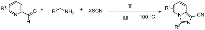 Reaction scheme showing the one-pot synthesis of 1-cyanoimidazo[1,5-a]pyridine from pyridine-2-formaldehyde, amine, and thiocyanate