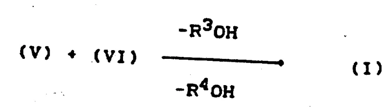 Reaction scheme showing the condensation of intermediate (V) with ene derivative (VI) to form the final quinolone product (I)