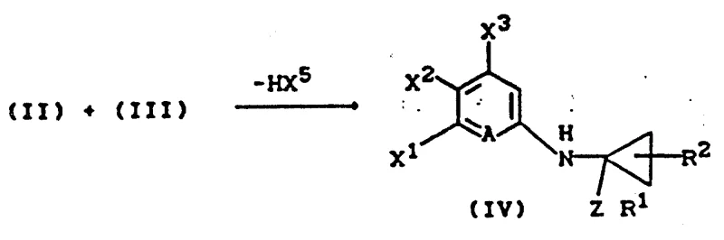 Reaction scheme showing the N-cyclopropylation of aniline (II) with cyclopropane derivative (III) to form intermediate (IV)