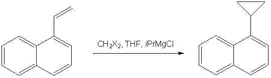 Reaction scheme showing the conversion of 1-vinylnaphthalene to 1-cyclopropylnaphthalene using dihalomethane and Grignard reagent