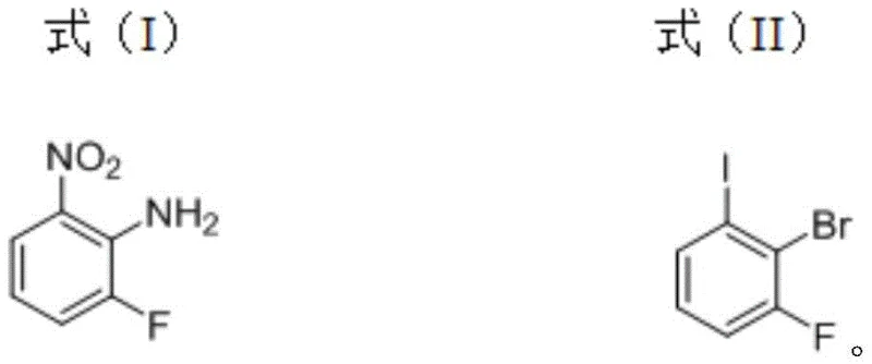 General reaction scheme showing conversion of 1-fluoro-2-amino-3-nitrobenzene to 1-fluoro-2-bromo-3-iodobenzene