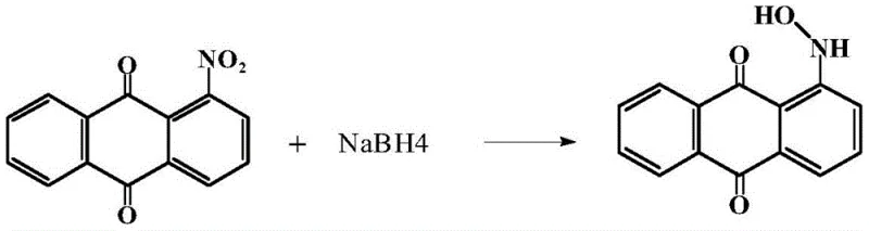 Chemical reaction scheme showing the reduction of 1-nitroanthraquinone to 1-hydroxyaminoanthraquinone using sodium borohydride
