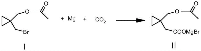 Reaction scheme showing Grignard reagent formation from bromomethyl cyclopropyl acetate and subsequent reaction with CO2