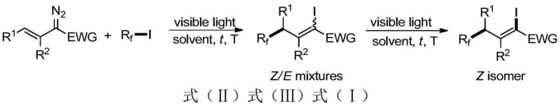 General reaction scheme showing visible light ATRA reaction followed by manganese catalyzed isomerization to Z isomer