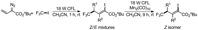 Specific example reaction scheme showing conditions for synthesizing butyl 5,5,5-trifluoro-2-iodopent-2-enoate