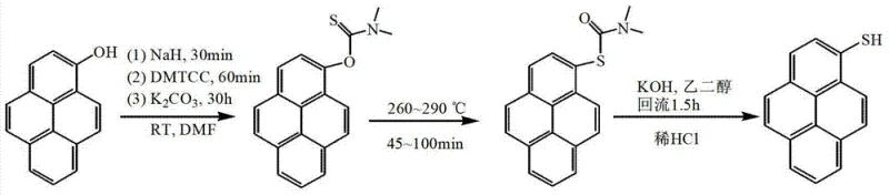 Reaction scheme showing the three-step synthesis of 1-mercaptopyrene from 1-hydroxypyrene via O- and S-intermediates