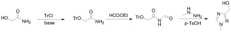 Reaction scheme showing the three-step synthesis of (1-methyl-1H-[1,2,4]triazol-3-yl)-methanol from 2-hydroxyacetamide via trityl protection and cyclization