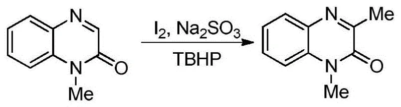 Prior art reaction showing iodine-catalyzed methylation with low yield and limited scope