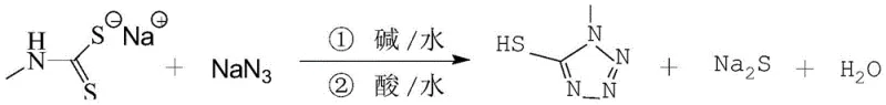 Reaction scheme showing the conversion of sodium methylamino dithio carboxylate and sodium azide into 1-methyl-5-mercapto tetrazole in aqueous base