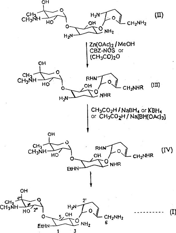 Reaction scheme showing the synthesis route from Perillomycin to 1-N-ethyl perillomycin via intermediates III and IV