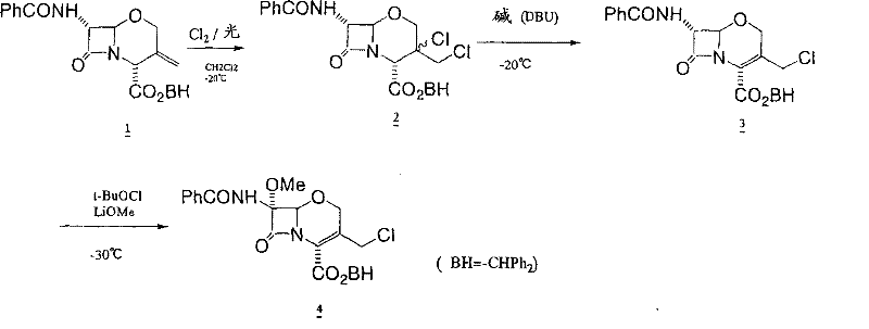 Conventional photo-irradiation method for 1-oxacephalosporin synthesis showing low yield and equipment dependency
