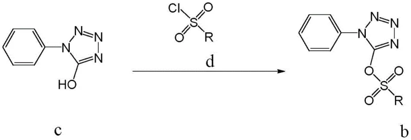 Reaction scheme showing the activation of 1-phenyl-5-hydroxytetrazole to form sulfonate intermediate b
