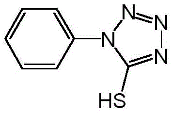 Chemical structure of 1-phenyl-5-mercaptotetrazole showing the phenyl ring attached to the tetrazole ring with a mercapto group
