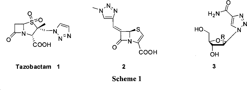Chemical structures of bioactive 1,2,3-triazole compounds including Tazobactam illustrating the pharmacological importance of the scaffold