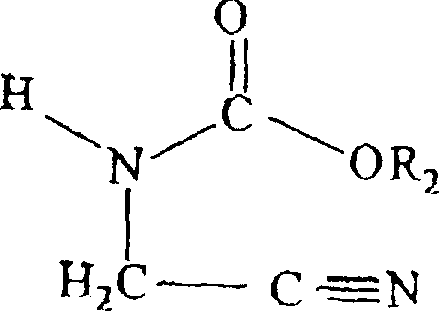 Chemical structure of N-alkoxycarbonylamino-acetonitrile intermediate showing the reactive nitrile and carbamate moieties