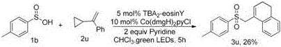 Specific example reaction demonstrating the synthesis of a sulfone derivative using TBA2-eosinY and Co catalyst under green LEDs