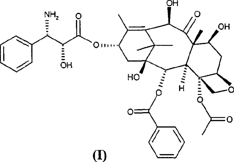 Chemical structure of 10-deacetyl-N-debenzoyl-paclitaxel (I), the key synthon for docetaxel synthesis