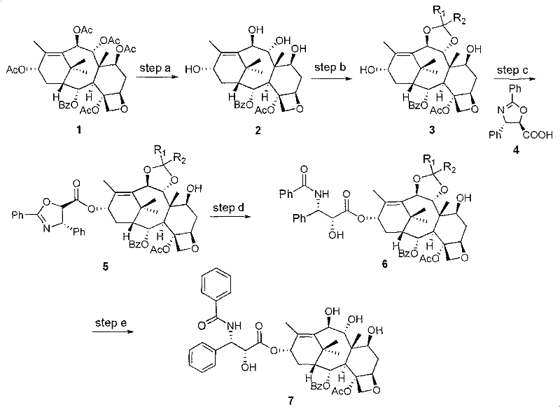Complete synthetic route from 1-deoxy baccatin VI to the final paclitaxel analogue showing steps a through e