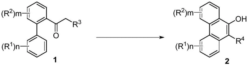 General reaction scheme showing electrochemical conversion of acetyl biphenyl derivatives to 10-hydroxyphenanthrene derivatives