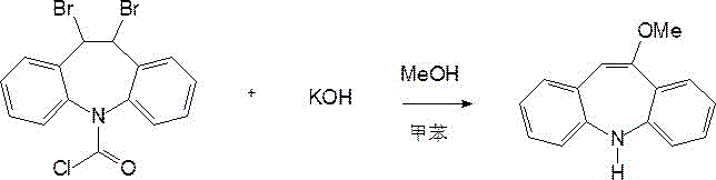 Reaction equation showing the conversion of 10,11-dibromoiminodibenzyl to 10-methoxyiminostilbene using KOH