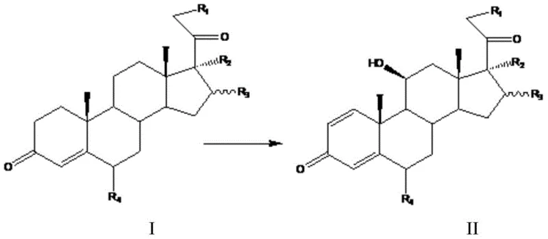 General reaction scheme showing conversion of 4-alkene-3,20-diketone steroid to 11-beta-hydroxy-1,4-diene derivative