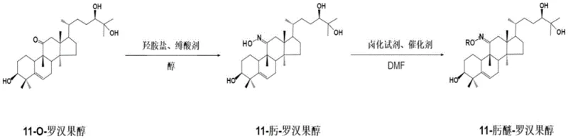 Synthetic route showing oximation of 11-O-mogrol followed by etherification to form the final derivative