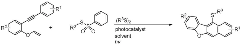 General reaction scheme for synthesizing 11-sulfenyl naphtho[2,3-b]benzofuran using photocatalysis