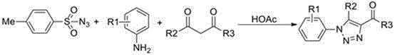 Reaction scheme showing p-toluenesulfonyl azide reacting with amine and dicarbonyl compounds under acetic acid catalysis to form triazole products