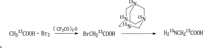 Reaction scheme showing the synthesis of 13C 15N double-labeled glycine from 13C-acetic acid via bromination and reaction with 15N-hexamethylenetetramine