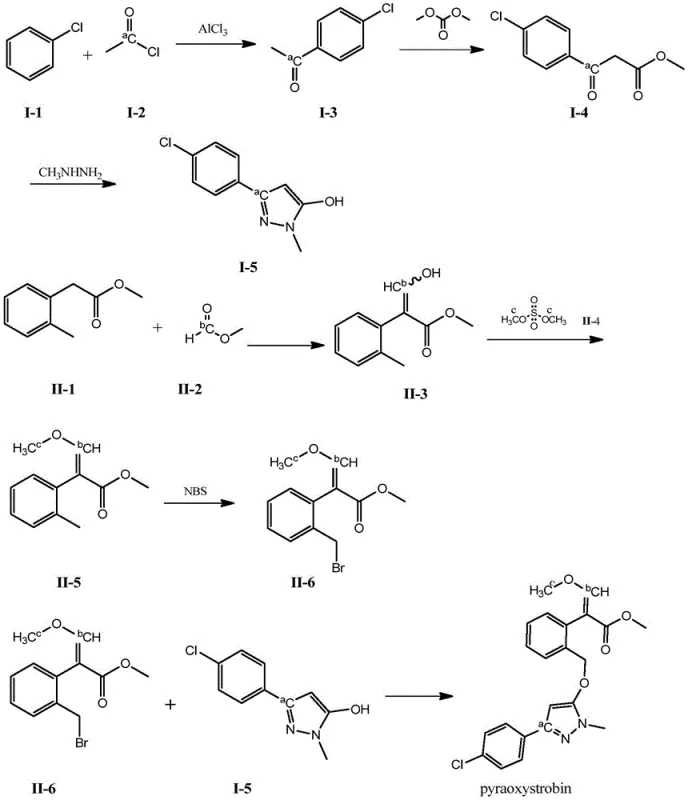 Synthetic route for 13C-labeled pyraoxystrobin showing convergent assembly of pyrazole and acrylate fragments