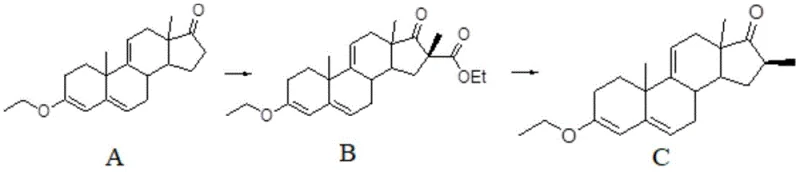 Reaction scheme of Example 1 showing A to B to C conversion with high yield