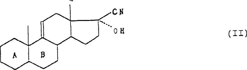 Chemical structure of Formula II showing the precursor steroid backbone with cyano and hydroxy groups ready for dehydration