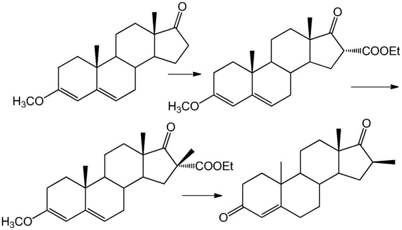 Traditional synthetic route for 16-beta-methyl steroids involving diethyl oxalate and multi-step acetylation