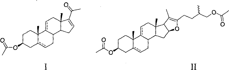 Chemical structures of target 16-dehydropregnenolone acetate congeners (Formula I) and pseudo-steroidal sapogenin acetate precursors (Formula II)