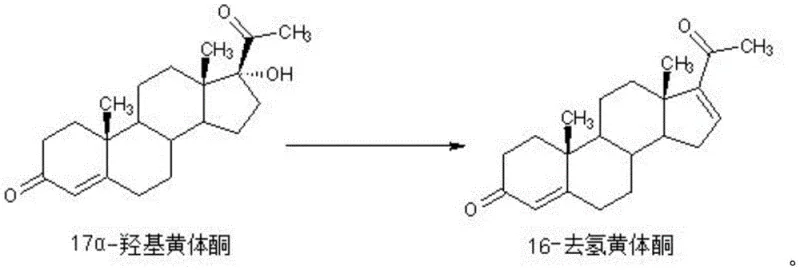 Reaction scheme showing the conversion of 17α-hydroxyprogesterone to 16-dehydroprogesterone via elimination